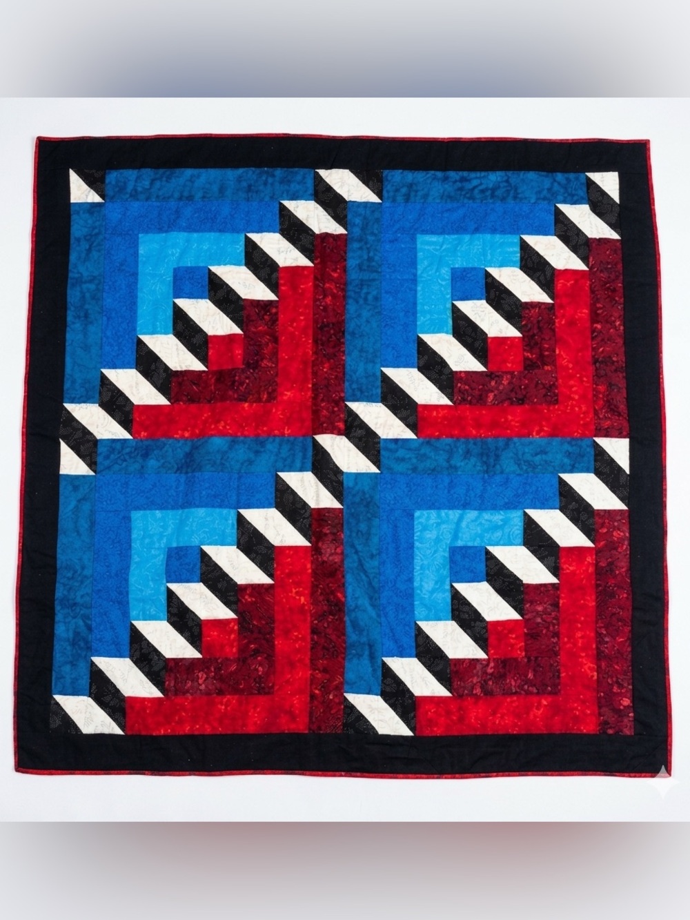 Handmade Log Cabin Quilt Throw 53x54 Blue Red